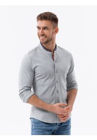 Ombre Clothing - Bawełniana męska koszula SLIM FIT ze stójką w kolorowe paski – szara V5 OM-SHCS-0178 - XXL. Okazja: na co dzień. Typ kołnierza: kołnierzyk stójkowy. Kolor: czarny. Materiał: bawełna. Długość: długie. Wzór: paski, kolorowy. Styl: casual #1