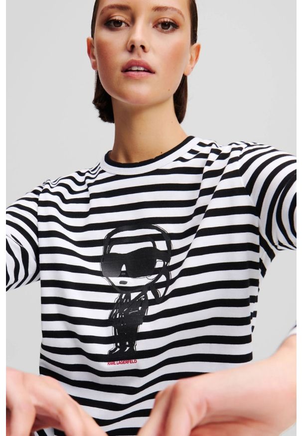 Karl Lagerfeld - KARL LAGERFELD Czarny damski lonsgleeve Ikon Print Stripe. Kolor: czarny. Materiał: materiał. Długość rękawa: długi rękaw. Wzór: nadruk. Styl: elegancki