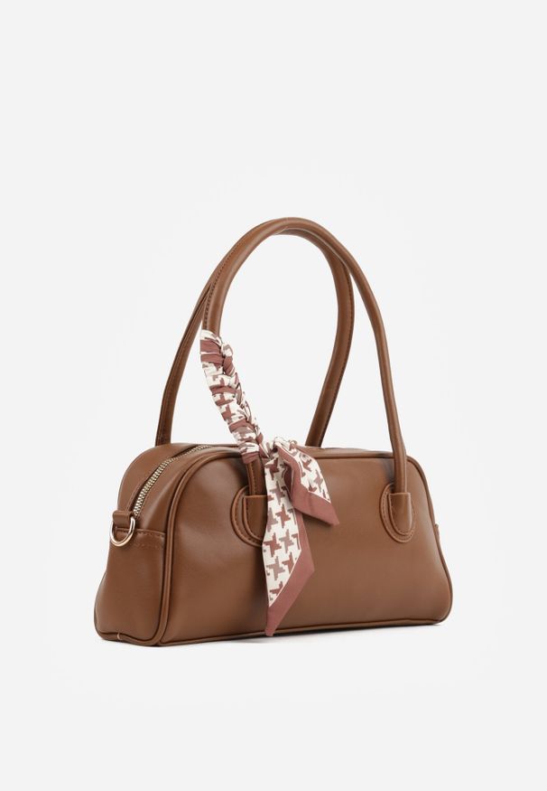 Born2be - Brązowa Torebka Elegancka na Ramię Prostokątna z Apaszką i Paskiem Nesope. Kolor: brązowy. Wzór: aplikacja. Styl: elegancki. Rodzaj torebki: na ramię