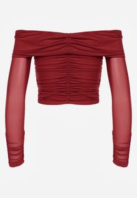 Renee - Bordowa Drapowana Bluzka VICES z Odkrytymi Ramionami i Siateczkowymi Rękawami Atevite. Okazja: na co dzień. Kolor: czerwony. Materiał: jeans. Styl: casual #2