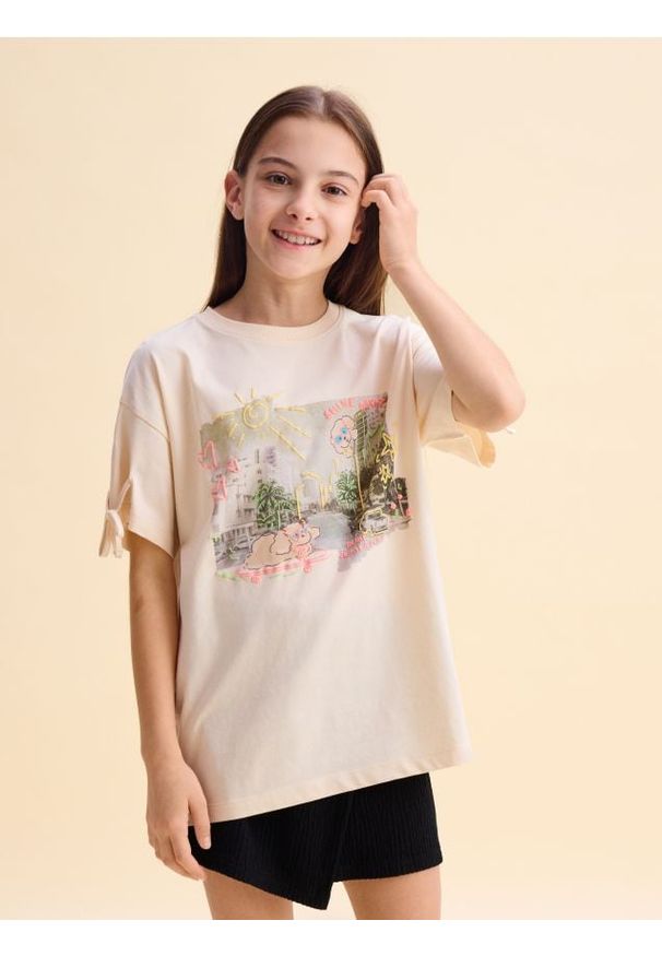 Reserved - T-shirt z nadrukiem - beżowy. Kolor: beżowy. Materiał: bawełna. Wzór: nadruk