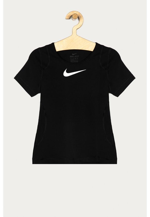 Nike Kids - T-shirt dziecięcy 122-166 cm. Okazja: na co dzień. Kolor: czarny. Materiał: dzianina, skóra, elastan, tkanina, poliester, włókno. Długość rękawa: krótki rękaw. Długość: krótkie. Wzór: nadruk. Styl: casual