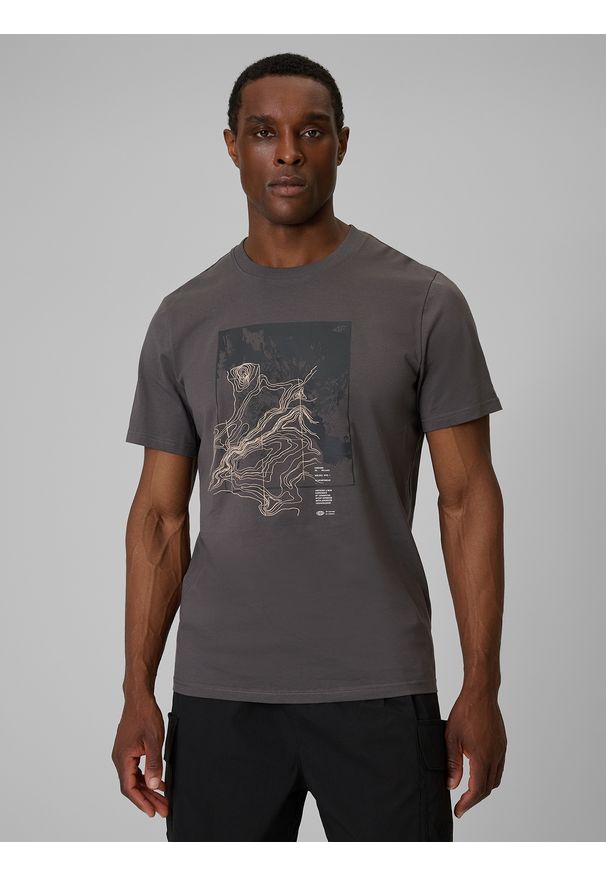4f - 4F T-shirt regular z nadrukiem męski - szary L. Okazja: na co dzień. Kolor: szary. Materiał: dzianina, bawełna, materiał. Wzór: nadruk. Styl: casual