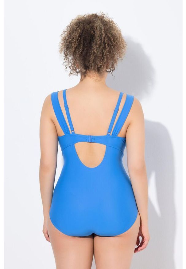 ULLA POPKEN - Damski Strój kąpielowy fiszbiny zaszewki podwójne ramiączko. Kolekcja: plus size. Kolor: niebieski. Materiał: elastan, poliamid, materiał
