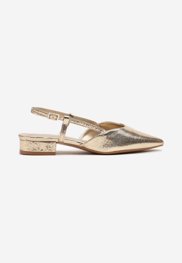 Renee - Złote Sandały Vices Typu Slingback Nilessea. Okazja: na spotkanie biznesowe. Nosek buta: szpiczasty. Zapięcie: sprzączka. Kolor: złoty. Sezon: lato. Obcas: na obcasie. Styl: biznesowy, klasyczny, elegancki. Wysokość obcasa: niski