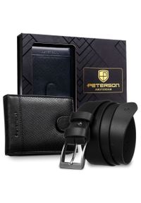 Zestaw prezentowy: skórzany portfel męski w czarnym kolorze zapinany zatrzaskiem i czarny pasek ze skóry ekologicznej - Peterson. Kolor: czarny. Materiał: skóra ekologiczna #1
