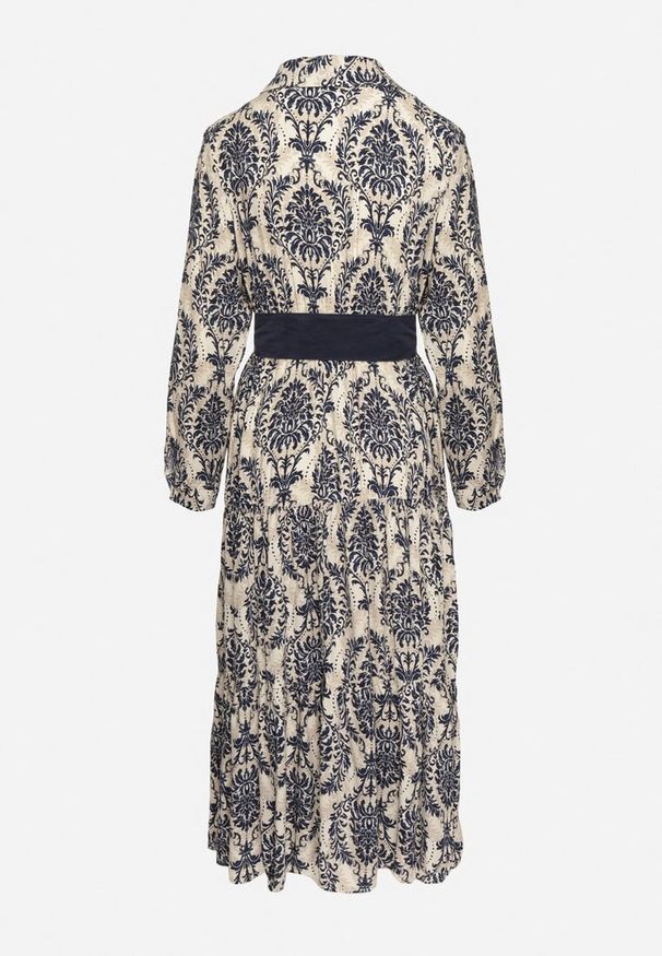 Born2be - Granatowo-Beżowa Wiskozowa Kopertowa Sukienka w Stylu Boho z Materiałowym Paskiem z Klamrą Rinovia. Okazja: na co dzień. Kolor: niebieski. Materiał: wiskoza, materiał. Wzór: aplikacja. Typ sukienki: kopertowe. Styl: boho