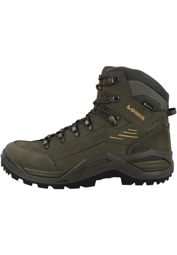 Buty trekkingowe męskie Lowa Renegade Evo Mid Gtx. Wysokość cholewki: za kostkę. Zapięcie: sznurówki. Kolor: zielony. Materiał: skóra, syntetyk, materiał. Szerokość cholewki: normalna. Sport: turystyka piesza