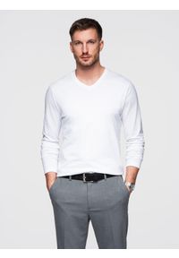 Ombre Clothing - Longsleeve męski bez nadruku z dekoltem w serek - biały V3 - Rozmiar: XXL. Okazja: na co dzień. Typ kołnierza: dekolt w serek. Kolor: biały. Materiał: bawełna, materiał. Długość rękawa: długi rękaw. Długość: długie. Wzór: gładki, jednolity. Styl: casual, elegancki, klasyczny