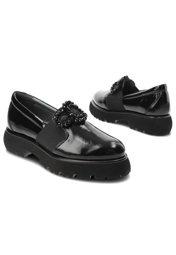 Czarne Mokasyny Armodo Eleganckie Buty Damskie. Okazja: na co dzień. Kolor: czarny. Materiał: lakier. Wzór: aplikacja. Styl: elegancki