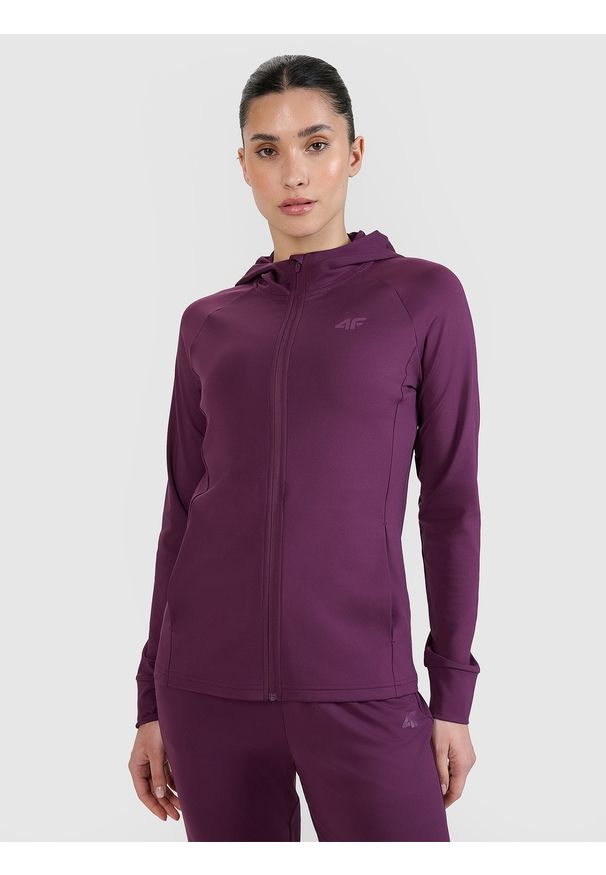 4f - 4F Bluza treningowa regular szybkoschnąca damska - fioletowa XXL. Okazja: na co dzień. Typ kołnierza: kaptur. Kolor: fioletowy. Materiał: materiał, dzianina, syntetyk, włókno, elastan. Długość rękawa: raglanowy rękaw. Wzór: gładki, jednolity, ze splotem. Styl: casual, sportowy. Sport: fitness