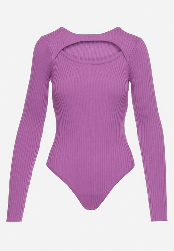 Born2be - Fioletowe Body Prążkowane z Wycięciem na Dekolcie Volfi. Kolor: fioletowy. Materiał: prążkowany. Styl: klasyczny