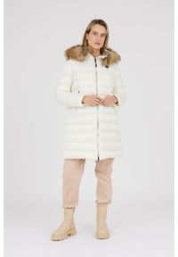 Blauer USA - BLAUER Ecru kurtka puchowa damska z odpinanym futrem jenota, Rozmiar S. Kolor: biały. Materiał: puch, futro