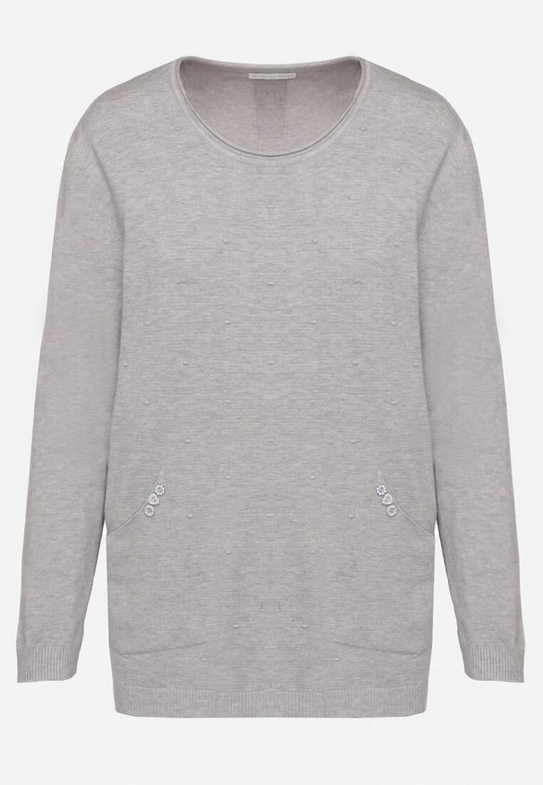 Born2be - Szary Sweter o Klasycznym Fasonie z Ozdobnymi Guzikami Marivra. Kolor: szary. Materiał: jeans. Styl: klasyczny