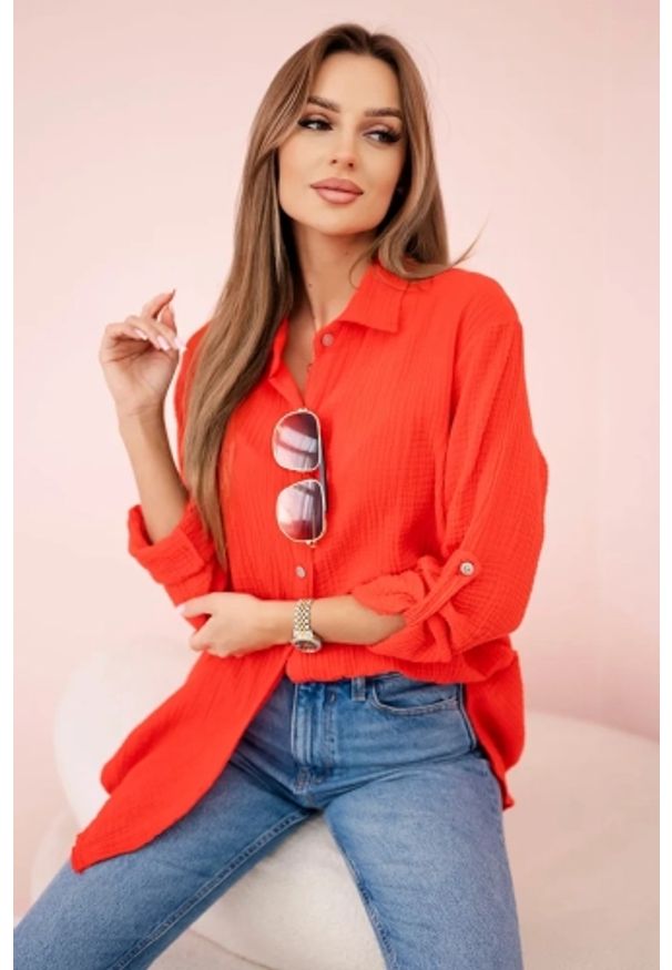 Kesi Włoski - Koszula bawełniana muślinowa oversize czerwona. Okazja: na co dzień. Kolor: czerwony. Materiał: bawełna. Styl: klasyczny, elegancki, casual