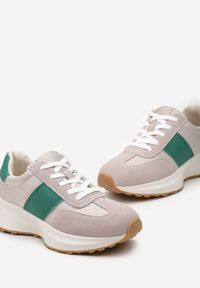Renee - Beżowo-Zielone Skórzane Sneakersy z Materiałowymi Wstawkami Celana. Kolor: beżowy. Materiał: materiał, skóra. Wzór: aplikacja #6