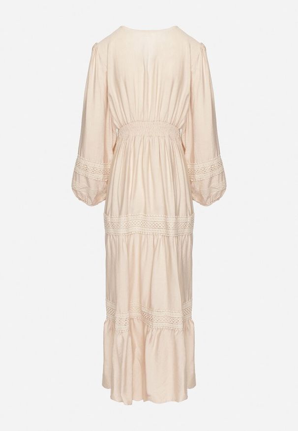 Born2be - Beżowa Sukienka z Wiskozy o Rozkloszowanym Kroju z Koronkowymi Wstawkami Gonessae. Okazja: na co dzień. Typ kołnierza: dekolt w kształcie V. Kolor: beżowy. Materiał: wiskoza, koronka. Styl: casual, elegancki, klasyczny