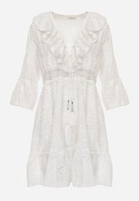 Renee - Biała Mini Sukienka z Bawełny Ozdobiona Haftami i Koronką Qirelia. Kolor: biały. Materiał: bawełna, koronka. Wzór: aplikacja, koronka, haft. Długość: mini #4