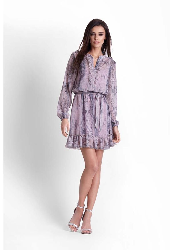 IVON - Boho Sukienka w Wężowy Wzór z Żabotem. Typ kołnierza: z żabotem. Materiał: poliester. Styl: boho