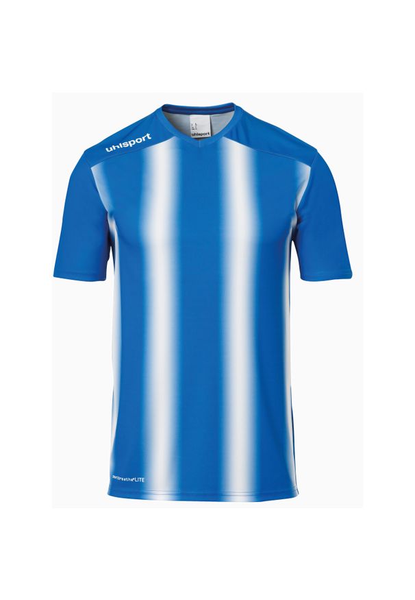 UHLSPORT - Vintage koszulka dziecięca Uhlsport Stripe 2.0. Typ kołnierza: dekolt w kształcie V. Kolor: niebieski, biały, wielokolorowy. Materiał: poliester. Sport: fitness, piłka nożna