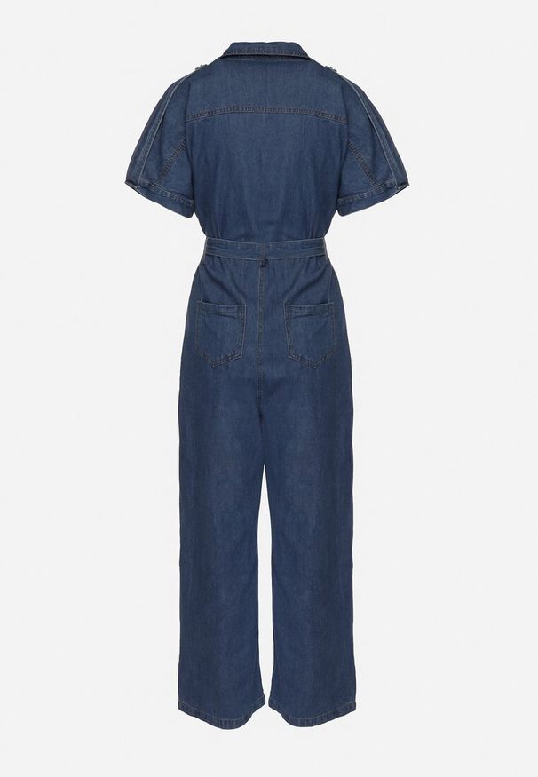 Born2be - Granatowy Jeansowy Kombinezon z Wiązaniem w Talii i Szerokimi Nogawkami Xenadea. Kolor: niebieski. Materiał: jeans. Sezon: lato