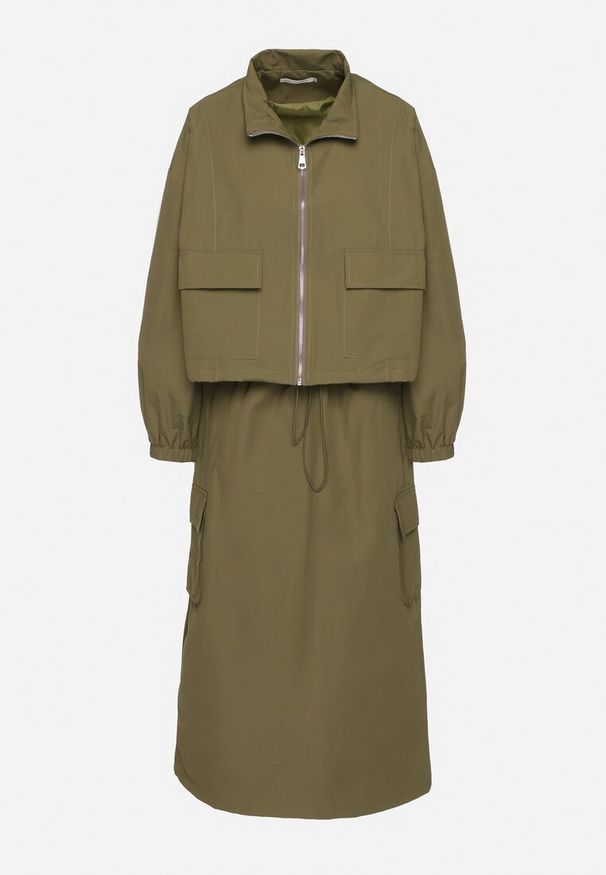 Born2be - Zielony Komplet z Bawełną Rozpinana Bluza i Spódnica Evariel. Kolor: beżowy. Materiał: bawełna. Wzór: aplikacja