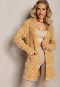 Renee - Brązowy Długi Kardigan Puszysty Aborra. Kolekcja: plus size. Kolor: brązowy. Materiał: dzianina, tkanina. Długość: długie. Wzór: aplikacja #5