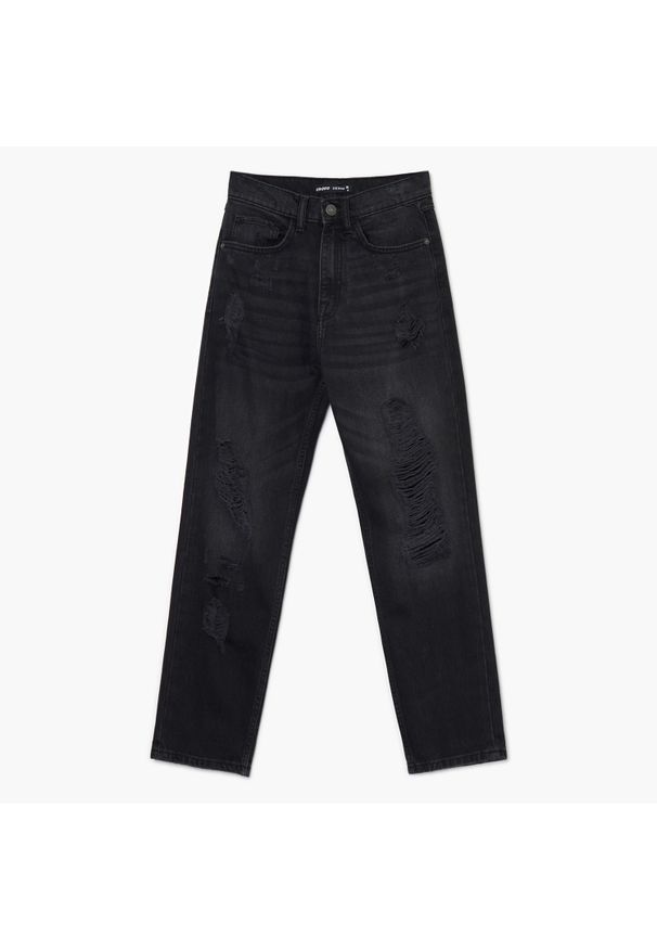 Cropp - Jeansy straight z postrzępieniami - Szary. Kolor: szary