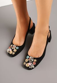 Renee - Czarne Sandały Vices na Słupku Slingback ze Skórzaną Wkładką i Cyrkoniami Nimirune. Okazja: na co dzień. Zapięcie: sprzączka. Kolor: czarny. Materiał: skóra. Wzór: aplikacja. Obcas: na słupku. Styl: casual. Wysokość obcasa: średni #5