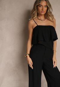 Renee - Czarny Komplet z Wiskozą Top z Falbanką na Jedno Ramię i Spodnie Wide Leg Nirellea. Kolor: czarny. Materiał: wiskoza