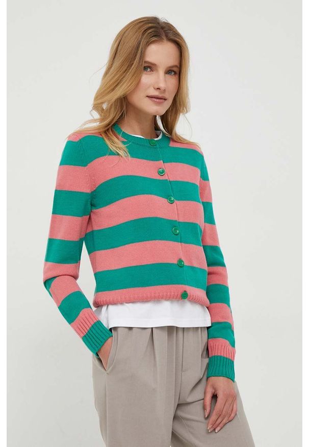 United Colors of Benetton kardigan wełniany kolor zielony lekki. Kolor: zielony. Materiał: wełna. Długość rękawa: długi rękaw. Długość: długie