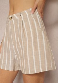 Renee - Beżowe Bermudy Szorty High Waist w Paski Vikitesa. Stan: podwyższony. Kolor: beżowy. Wzór: paski #5