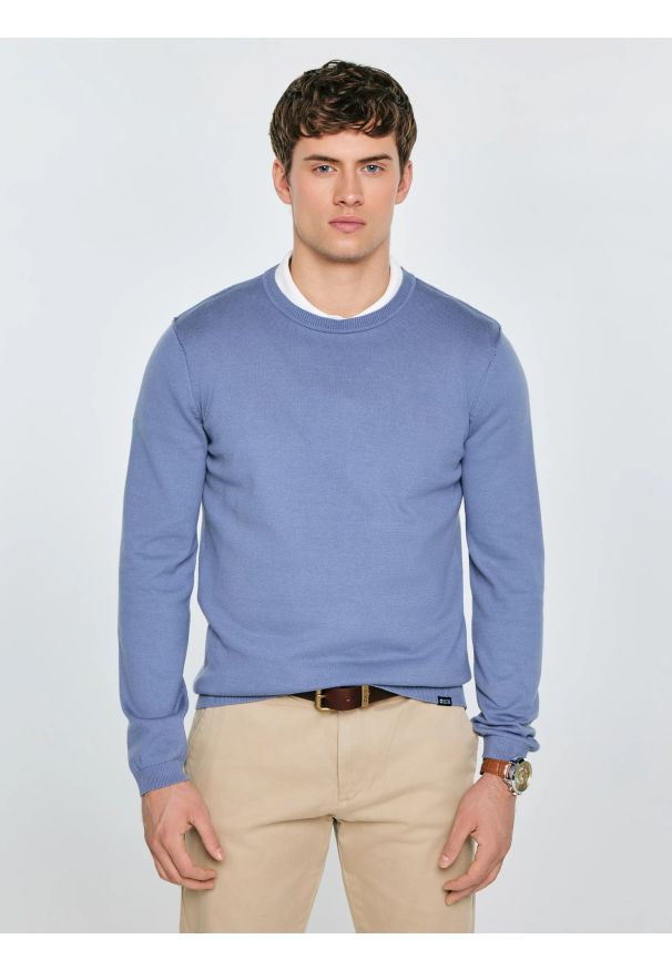 Big-Star - Sweter męski bawełniany niebieski Simoner 402. Okazja: na co dzień, do pracy. Kolor: niebieski. Materiał: bawełna. Długość rękawa: długi rękaw. Długość: długie. Wzór: gładki, aplikacja, ze splotem. Sezon: zima, jesień. Styl: casual, elegancki, klasyczny