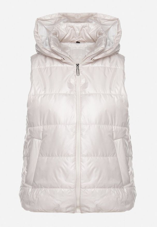 Born2be - Biała Kamizelka z Odpinanym Kapturem i Kieszeniami Pikowana Aggevia. Kolor: biały