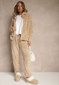 Renee - Beżowy Futerkowy Komplet Dresowy Bluza na Suwak z Kapturem i Spodnie Anatilea. Kolor: beżowy. Materiał: dresówka #4