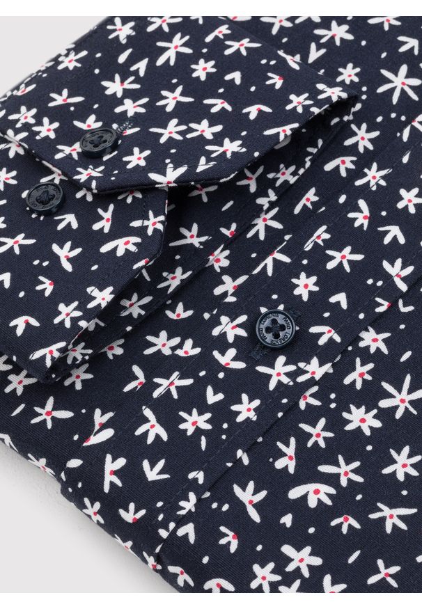 Pako Lorente - PAKO LORENTE – Granatowa koszula męska w kwiatki P23WF-1X-005-G-S. Okazja: na co dzień. Kolor: niebieski. Materiał: bawełna, elastan, jeans. Wzór: kwiaty. Styl: casual