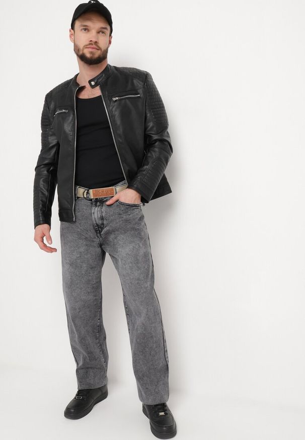 Born2be - Szare Jeansy o Fasonie Regular z Paskiem z Klamrą Adropea. Kolor: szary