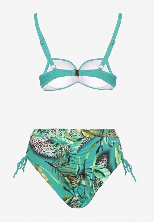 Born2be - Ciemnozielone Bikini Biustonosz i Majtki Figi ze Ściągaczami w Tropikalny Wzór Sadeille. Kolor: zielony