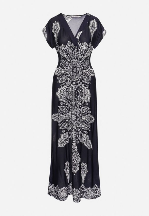 Born2be - Granatowa Sukienka w Ornamentalny Wzór z Kopertowym Dekoltem i Gumką w Talii Elasevia. Typ kołnierza: dekolt kopertowy. Kolor: niebieski. Długość rękawa: krótki rękaw. Typ sukienki: kopertowe