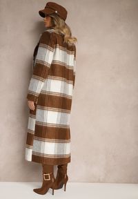 Renee - Brązowy Niezapinany Płaszcz w Kratkę z Kieszeniami z Klapą Fiboila. Okazja: na co dzień. Kolor: brązowy. Materiał: jeans. Wzór: kratka. Styl: elegancki, casual #5
