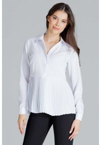 Figl - Biała Koszulowa Bluzka z Plisowanym Dołem. Kolor: biały. Materiał: poliester, elastan