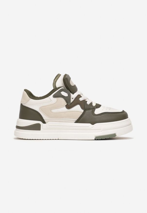 Born2be - Zielono-Białe Sneakersy z Imitacji Skóry z Ozdobnymi Wstawkami Xavara. Nosek buta: okrągły. Zapięcie: sznurówki. Kolor: beżowy. Materiał: skóra. Obcas: na obcasie. Wysokość obcasa: niski