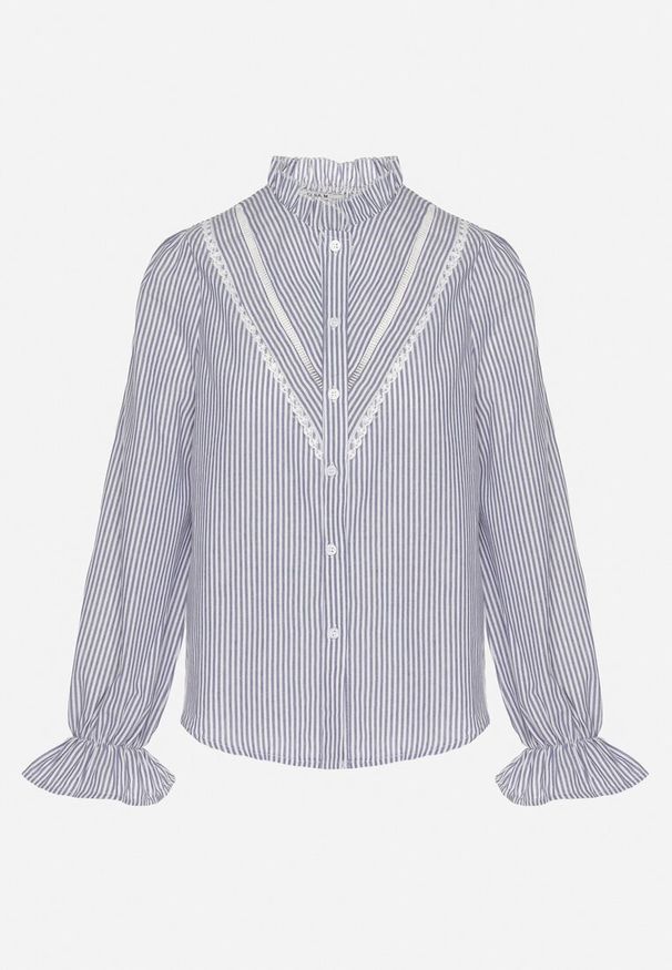 Born2be - Granatowa Koszula z Bawełną Falbanką w Paski Arriranea. Okazja: na co dzień, na spotkanie biznesowe. Typ kołnierza: kołnierz z falbankami. Kolor: niebieski. Materiał: bawełna. Wzór: paski. Styl: casual, biznesowy, klasyczny