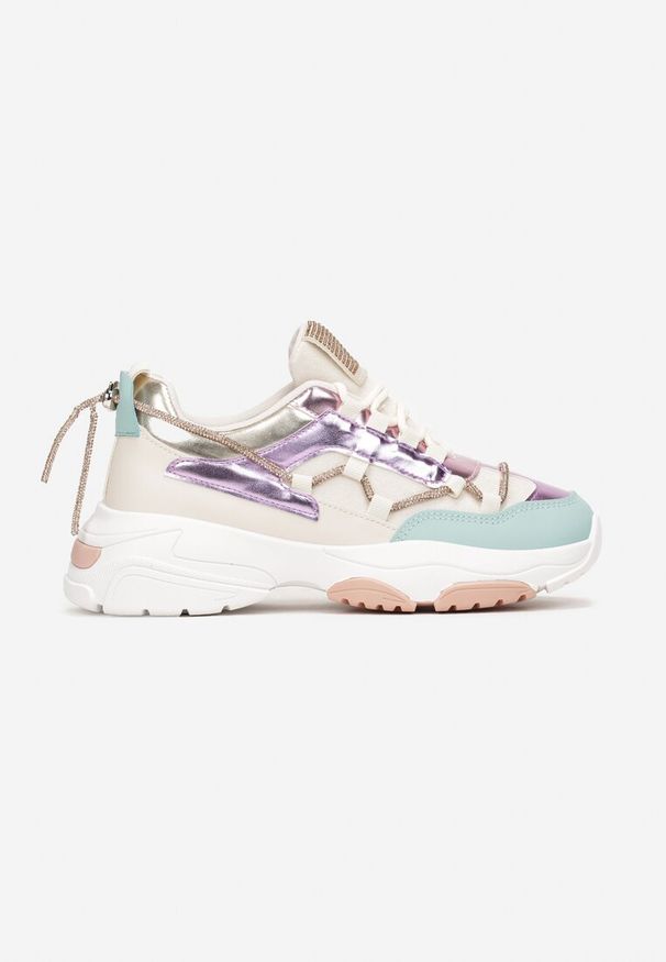 Renee - Beżowo-Fioletowe Sneakersy Ozdobione Sznureczkiem z Cyrkoniami Nathanias. Nosek buta: okrągły. Zapięcie: sznurówki. Kolor: beżowy. Materiał: materiał. Wzór: aplikacja. Sezon: jesień, wiosna. Obcas: na obcasie. Wysokość obcasa: niski