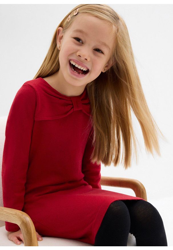 bonprix - Sukienka dzianinowa z miękkiej mieszanki wiskozy. Typ kołnierza: kokarda. Kolor: czerwony. Materiał: dzianina, wiskoza