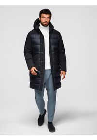 Ombre Clothing - Długa męska pikowana kurtka z dużymi kieszeniami – czarna V1 - Rozmiar: L. Typ kołnierza: kaptur. Kolor: szary. Materiał: syntetyk, tkanina, materiał. Długość: długie. Wzór: gładki #3