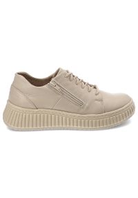 Beżowe Sneakersy Wasak Skórzane Obuwie Damskie Na Stopy Wrażliwe. Okazja: na co dzień. Zapięcie: zamek. Kolor: beżowy. Materiał: skóra. Wzór: grochy. Styl: elegancki, casual #4