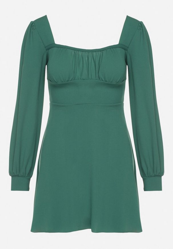 Born2be - Zielona Sukienka z Bufiastymi Rękawami i Kwadratowym Dekoltem Sopanielle. Okazja: na co dzień. Typ kołnierza: dekolt kwadratowy. Kolor: zielony. Materiał: skóra. Styl: casual, klasyczny