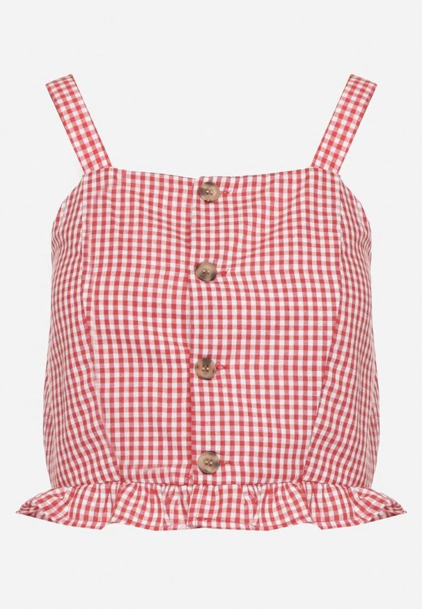 Born2be - Czerwona Bluzka Top ze Wzorem Kraty Ozdobiony Falbanką i Guzikami Folorae. Okazja: na co dzień. Kolor: czerwony. Materiał: jeans. Długość rękawa: na ramiączkach. Długość: krótkie. Wzór: aplikacja. Styl: elegancki, casual