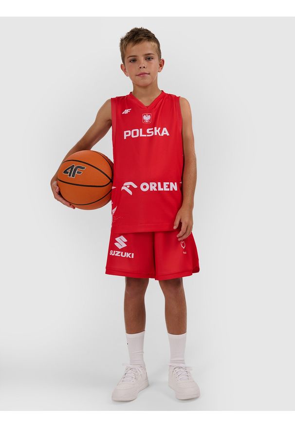4f - 4F Koszulka reprezentacyjna z możliwością personalizacji dziecięca 4F x PZKOSZ - czerwona 146/152 (10-12 lat). Typ kołnierza: dekolt w serek. Kolor: czerwony. Materiał: włókno, syntetyk, materiał. Wzór: nadruk, napisy. Sezon: lato. Styl: klasyczny, sportowy